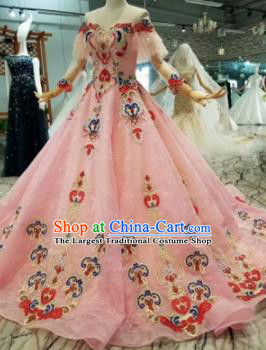 Top Grade Customize Modern Fancywork Pink Trailing Full Dress Court Princess Waltz Dance Costume for Women