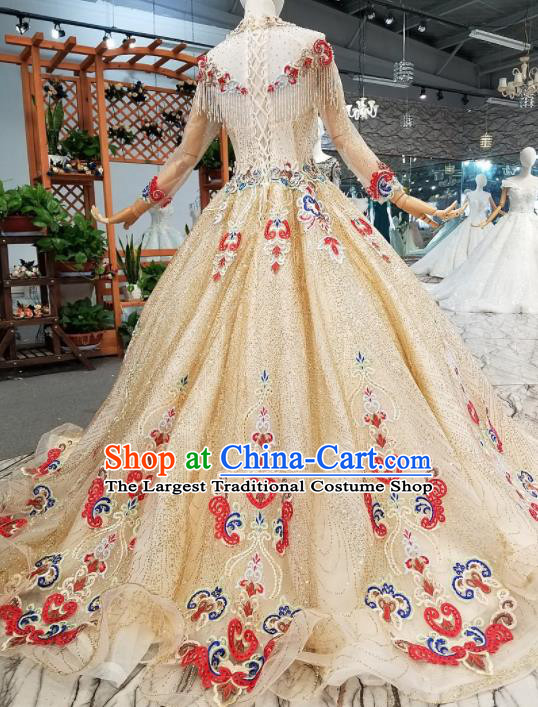 Top Grade Customize Modern Fancywork Golden Full Dress Court Princess Waltz Dance Costume for Women