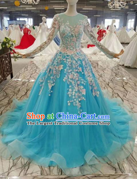 Top Grade Customize Modern Fancywork Blue Full Dress Court Princess Waltz Dance Costume for Women