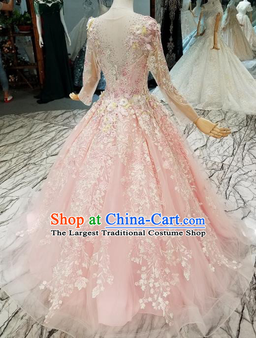 Customize Modern Fancywork Pink Lace Full Dress Top Grade Waltz Dance Costume for Women