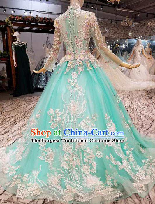 Customize Modern Fancywork Green Lace Full Dress Top Grade Waltz Dance Costume for Women