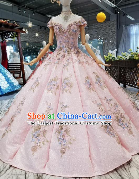 Top Grade Modern Fancywork Pink Full Dress Customize Waltz Dance Costume for Women