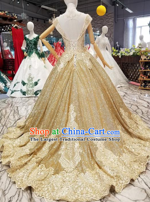 Top Grade Modern Fancywork Embroidered Golden Full Dress Customize Waltz Dance Costume for Women