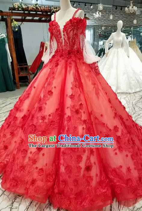 Top Grade Modern Fancywork Red Veil Full Dress Customize Waltz Dance Costume for Women