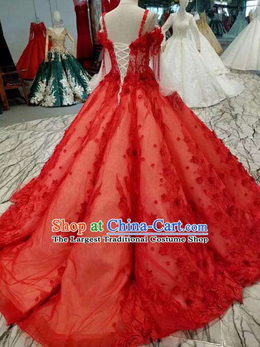 Top Grade Modern Fancywork Red Veil Full Dress Customize Waltz Dance Costume for Women