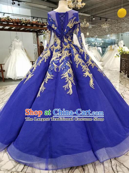 Top Grade Royalblue Veil Full Dress Customize Modern Fancywork Princess Waltz Dance Costume for Women
