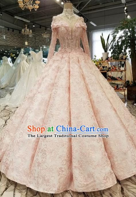 Top Grade Pink Lace Full Dress Customize Modern Fancywork Princess Waltz Dance Costume for Women
