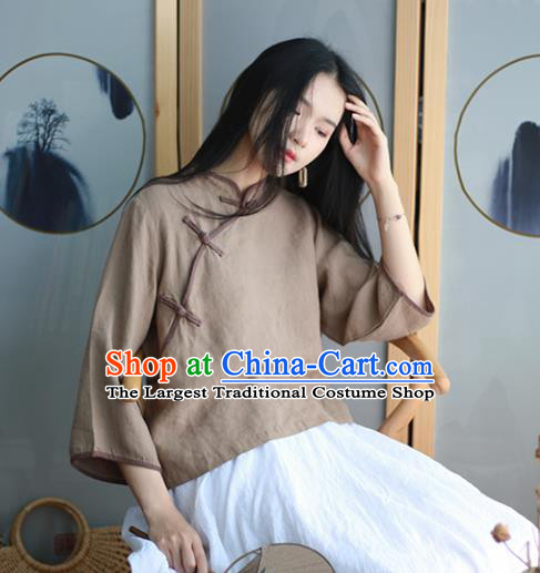 Chinese Traditional National Costume Brown Linen Blouse Tang Suit Upper Outer Garment for Women