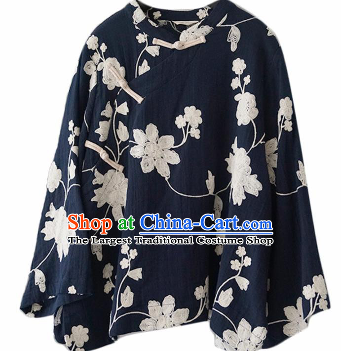 Chinese Traditional National Costume Embroidered Navy Blouse Tang Suit Upper Outer Garment for Women