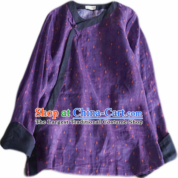 Chinese Traditional National Costume Purple Linen Blouse Tang Suit Upper Outer Garment for Women