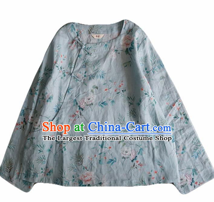 Chinese Traditional National Costume Printing Flowers Blue Blouse Tang Suit Upper Outer Garment for Women