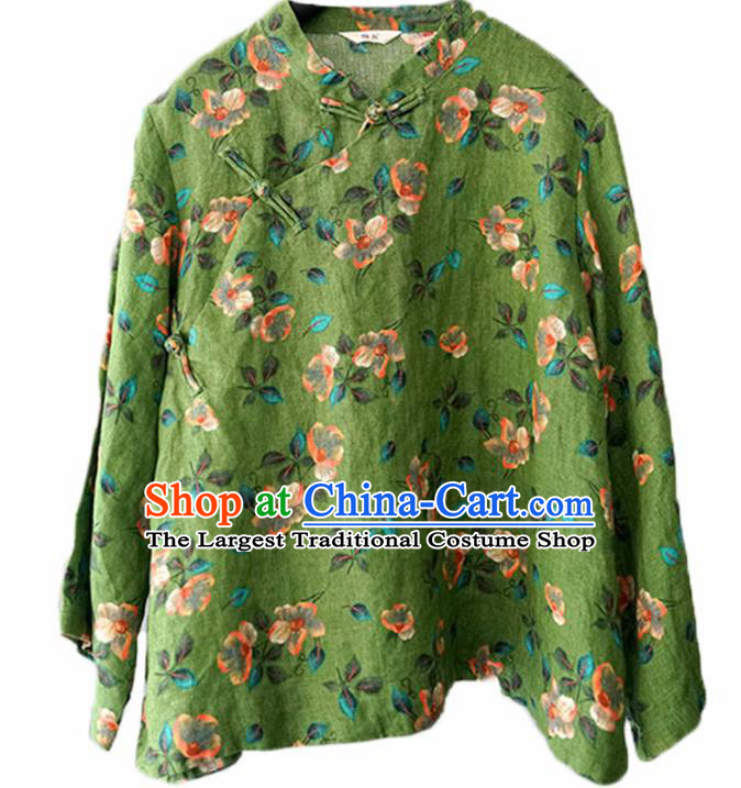 Chinese Traditional National Costume Printing Flowers Green Shirt Tang Suit Upper Outer Garment for Women