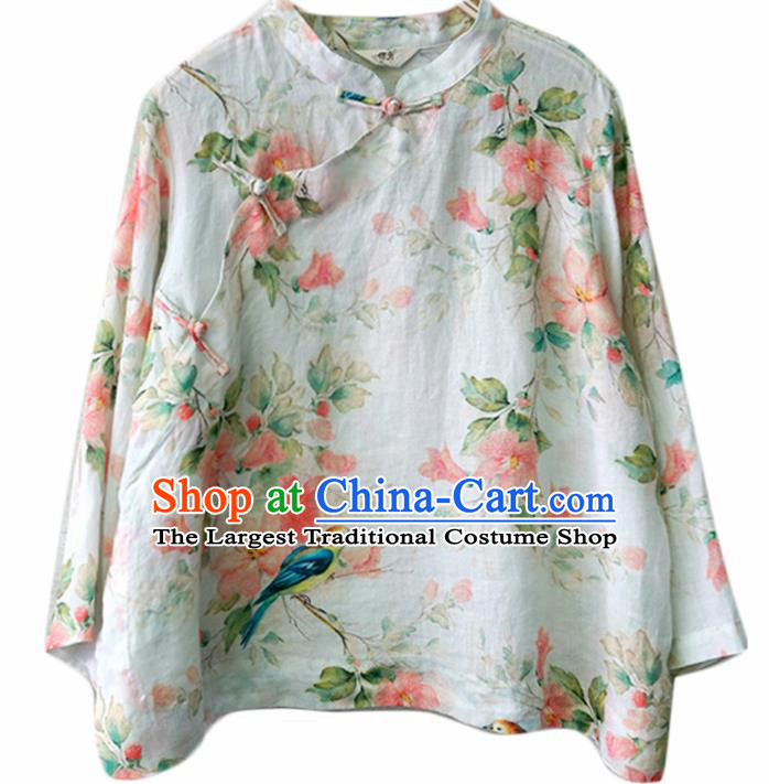 Chinese Traditional National Costume Printing White Shirt Tang Suit Upper Outer Garment for Women