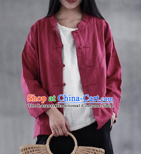 Chinese Traditional National Costume Wine Red Linen Shirt Tang Suit Upper Outer Garment for Women