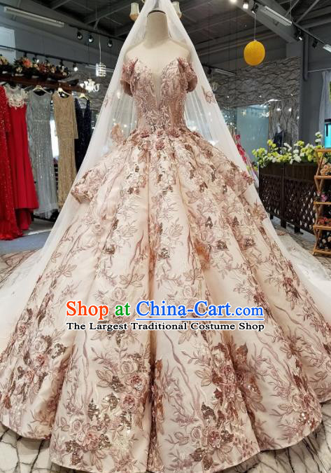 Top Grade Embroidered Flat Shouders Full Dress Customize Modern Fancywork Princess Waltz Dance Costume for Women