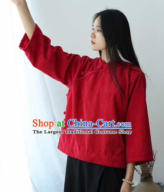 Chinese Traditional National Costume Red Corduroy Jacket Tang Suit Upper Outer Garment for Women