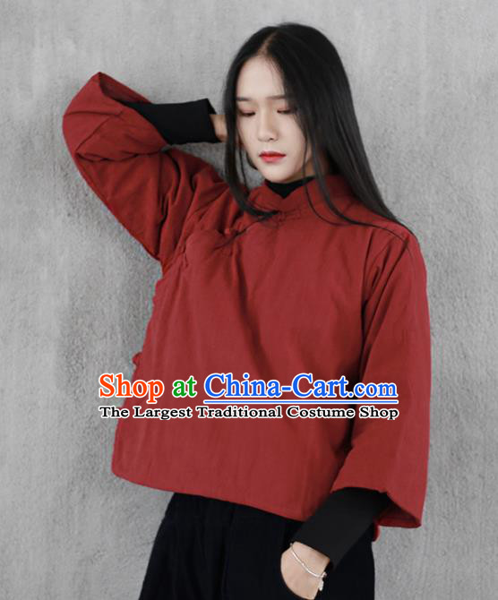 Chinese Traditional National Costume Red Cotton Wadded Jacket Tang Suit Upper Outer Garment for Women