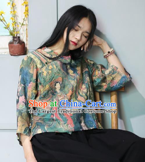 Chinese Traditional National Costume Printing Shirt Tang Suit Upper Outer Garment for Women