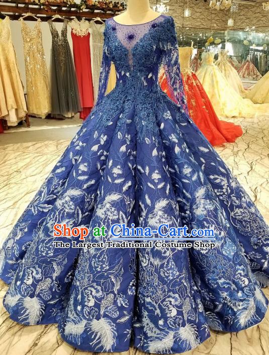 Top Grade Embroidered Royalblue Backless Full Dress Customize Modern Fancywork Princess Waltz Dance Costume for Women