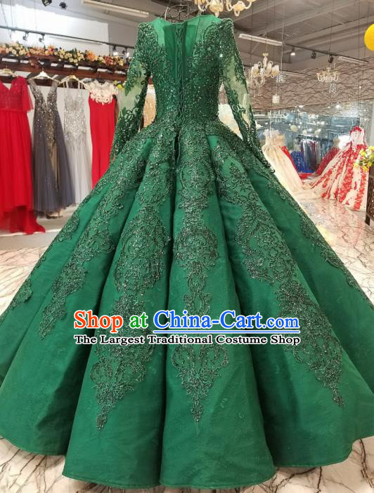 Top Grade Embroidered Green Full Dress Customize Modern Fancywork Princess Waltz Dance Costume for Women