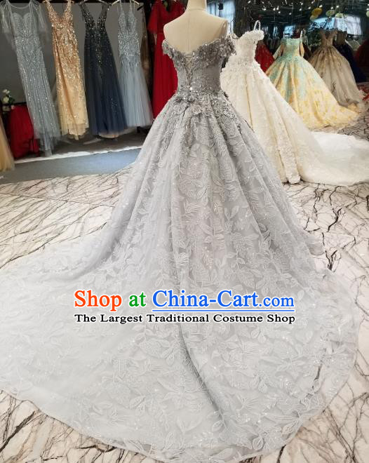 Top Grade Embroidered Grey Veil Full Dress Customize Modern Fancywork Princess Waltz Dance Costume for Women