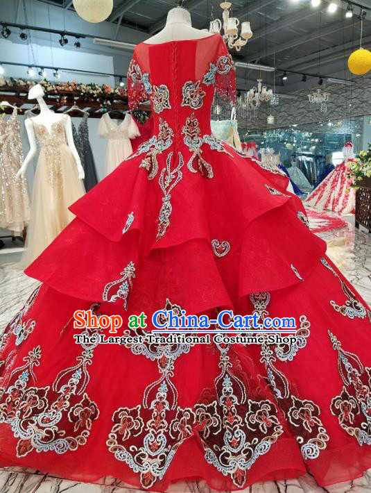 Top Grade Embroidered Red Full Dress Customize Modern Fancywork Princess Waltz Dance Costume for Women
