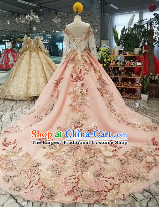 Top Grade Embroidered Long Trailing Pink Full Dress Customize Modern Fancywork Princess Waltz Dance Costume for Women