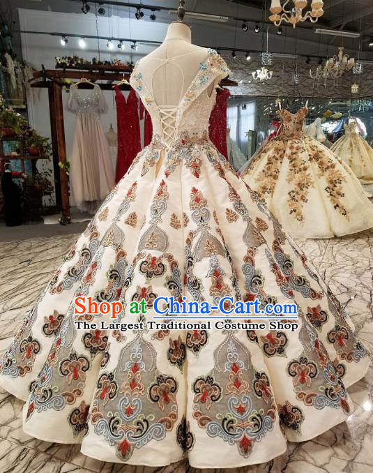 Top Grade Embroidered Flat Shouders White Full Dress Customize Modern Fancywork Princess Waltz Dance Costume for Women