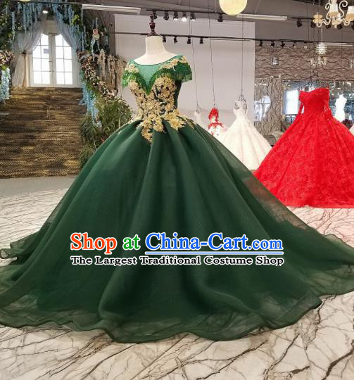 Top Grade Green Veil Trailing Full Dress Customize Modern Fancywork Princess Waltz Dance Costume for Women