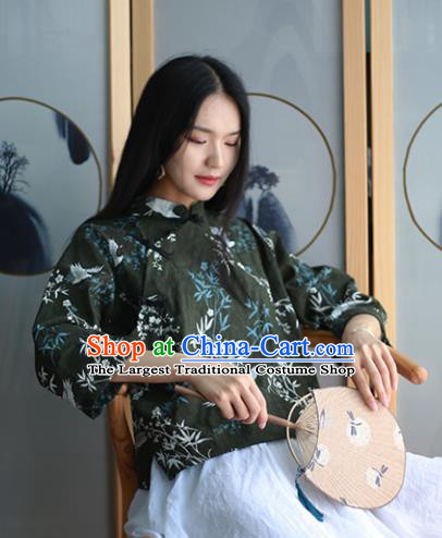 Chinese Traditional National Costume Printing Crane Black Blouse Tang Suit Upper Outer Garment for Women