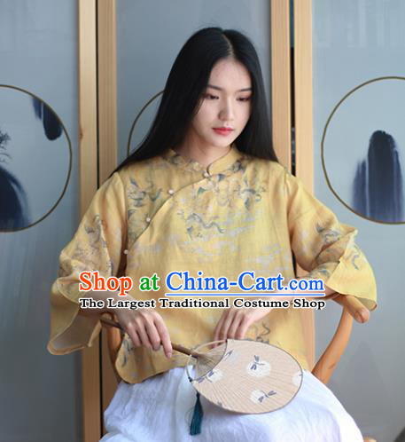 Chinese Traditional National Costume Printing Crane Yellow Blouse Tang Suit Upper Outer Garment for Women