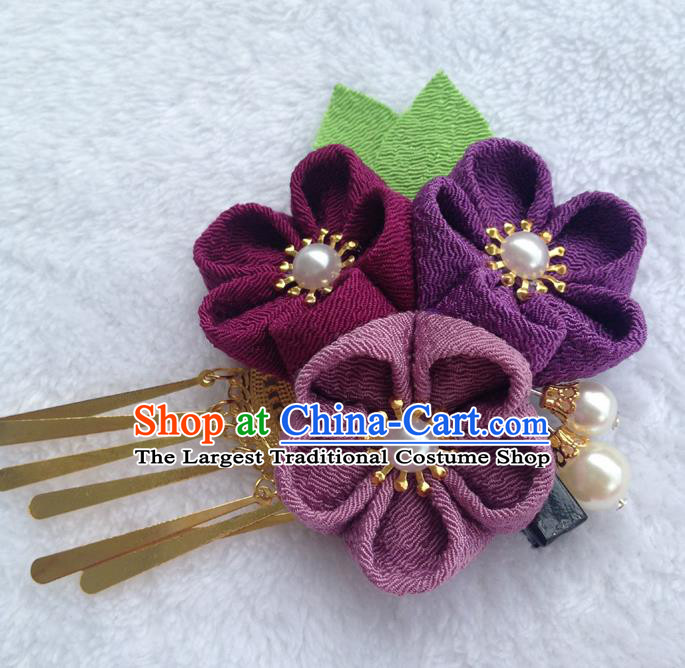 Traditional Japan Purple Silk Sakura Tassel Hair Stick Japanese Kimono Hair Accessories for Women