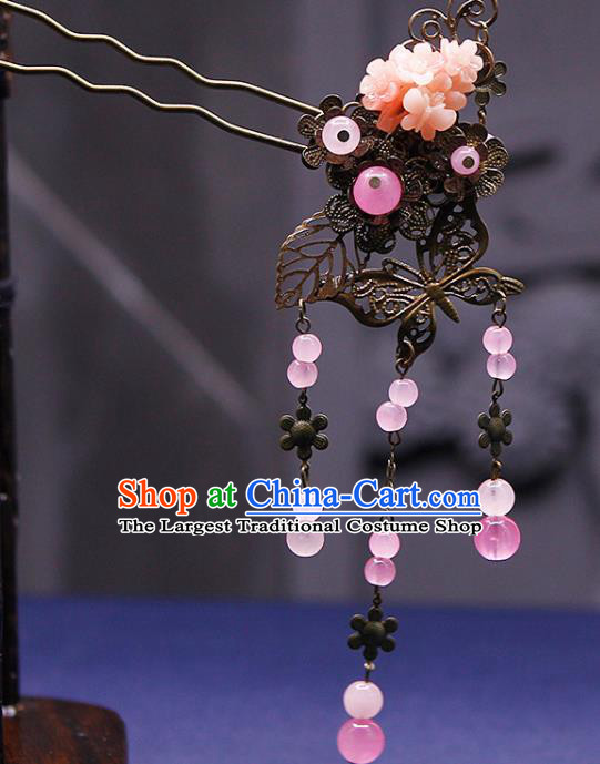 Traditional China Ancient Princess Pink Beads Tassel Hairpins Chinese Hanfu Hair Accessories for Women