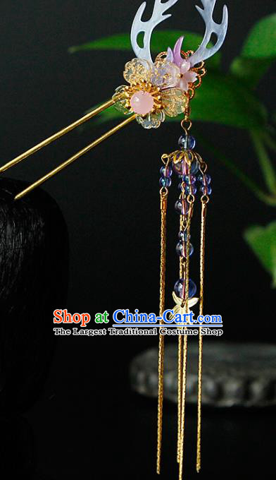 Traditional China Ancient Princess Antler Golden Tassel Hairpins Chinese Hanfu Hair Accessories for Women