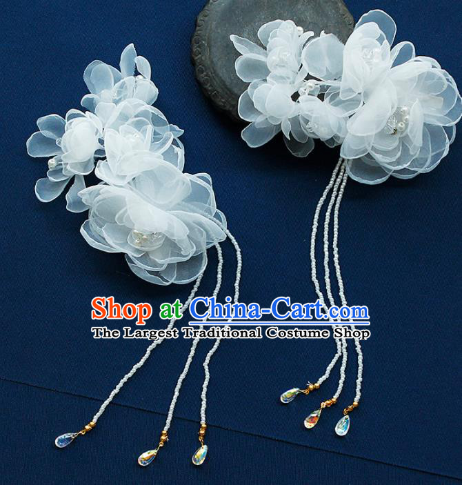 China Ancient Princess White Silk Flowers Tassel Hair Claw Hairpins Chinese Traditional Hanfu Hair Accessories for Women