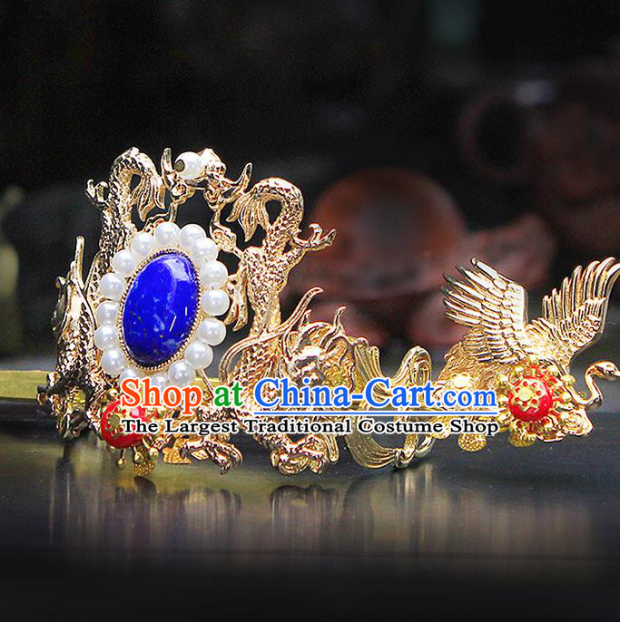 China Ancient Swordsman Blue Bead Hairdo Crown Hairpins Chinese Traditional Hanfu Hair Accessories for Men