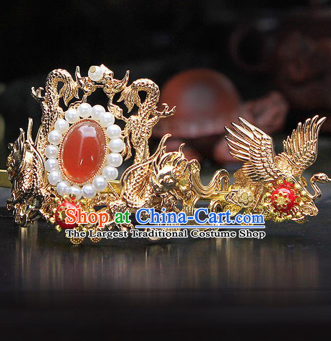 China Ancient Swordsman Red Bead Hairdo Crown Hairpins Chinese Traditional Hanfu Hair Accessories for Men
