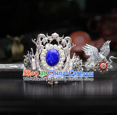 China Ancient Swordsman Argent Cranes Hairdo Crown Hairpins Chinese Traditional Hanfu Hair Accessories for Men