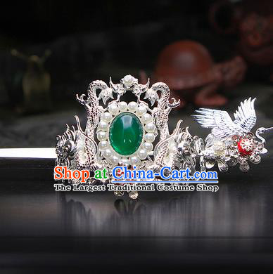China Ancient Swordsman Argent Cranes Hairdo Crown Green Bead Hairpins Chinese Traditional Hanfu Hair Accessories for Men