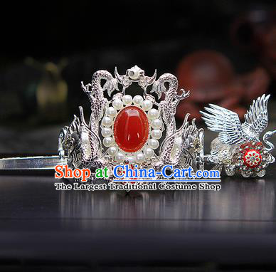 China Ancient Swordsman Argent Cranes Hairdo Crown Red Bead Hairpins Chinese Traditional Hanfu Hair Accessories for Men