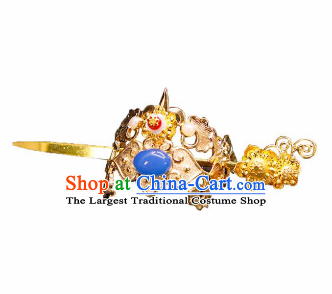 China Ancient Swordsman Blue Stone Hairdo Crown Hairpins Chinese Traditional Hanfu Hair Accessories for Men