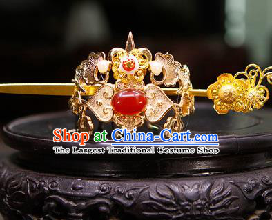 China Ancient Swordsman Red Stone Hairdo Crown Hairpins Chinese Traditional Hanfu Hair Accessories for Men