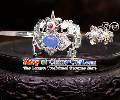 China Ancient Swordsman Blue Stone Argent Hairdo Crown Hairpins Chinese Traditional Hanfu Hair Accessories for Men