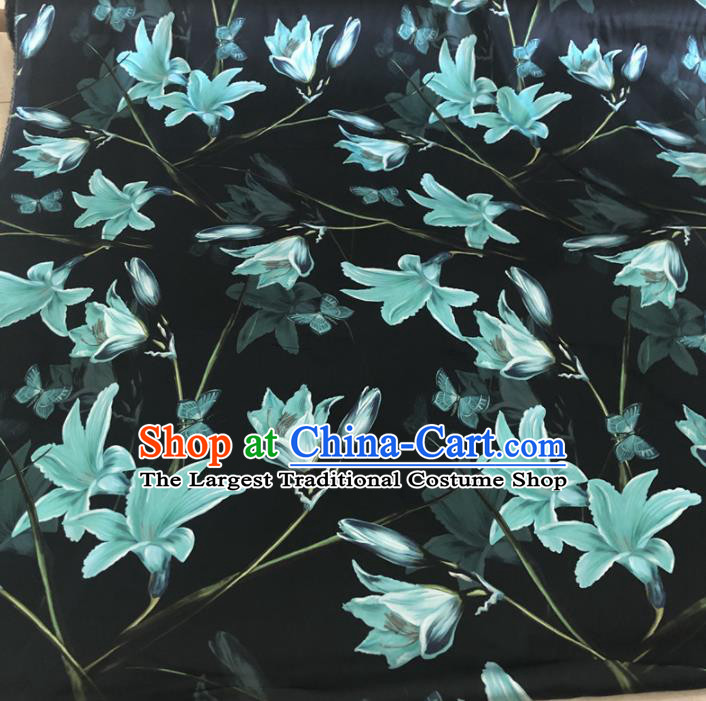 Asian Chinese Traditional Lily Flowers Pattern Design Black Brocade Fabric Silk Fabric Chinese Fabric Asian Material