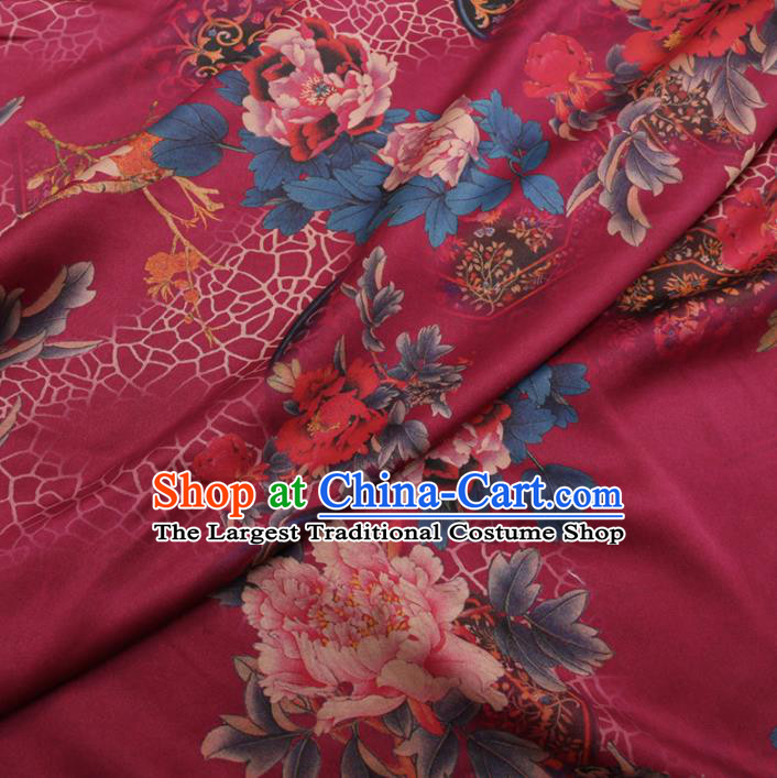 Chinese Traditional Peony Pattern Design Wine Red Satin Watered Gauze Brocade Fabric Asian Silk Fabric Material