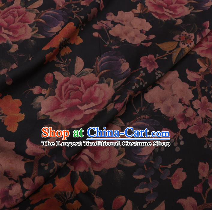 Chinese Traditional Peony Pattern Design Black Satin Watered Gauze Brocade Fabric Asian Silk Fabric Material