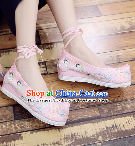 Chinese Traditional Hanfu Shoes Ancient Princess Embroidered Peony Pink Shoes National Cloth Shoes for Women