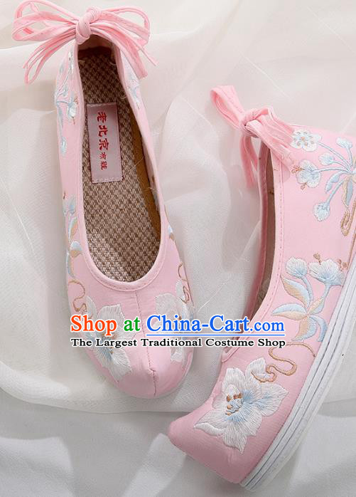 Chinese Traditional Hanfu Shoes Ancient Princess Embroidered Peach Blossom Pink Shoes National Cloth Shoes for Women