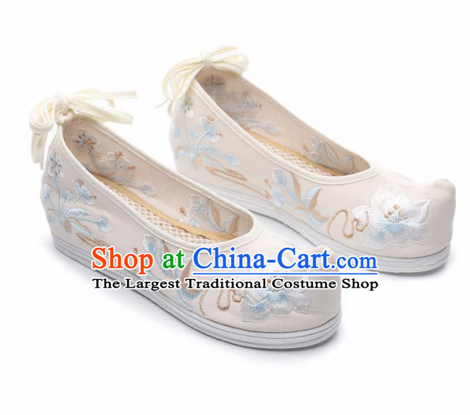 Chinese Traditional Hanfu Shoes Ancient Princess Embroidered Peach Blossom White Shoes National Cloth Shoes for Women