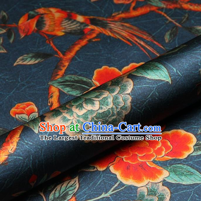 Chinese Traditional Peony Bird Pattern Design Atrovirens Satin Watered Gauze Brocade Fabric Asian Silk Fabric Material